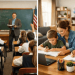 Side by side comparison of private school classroom and homeschool setting illustrating the private school vs homeschool decision for parents