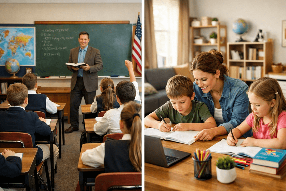 Side by side comparison of private school classroom and homeschool setting illustrating the private school vs homeschool decision for parents